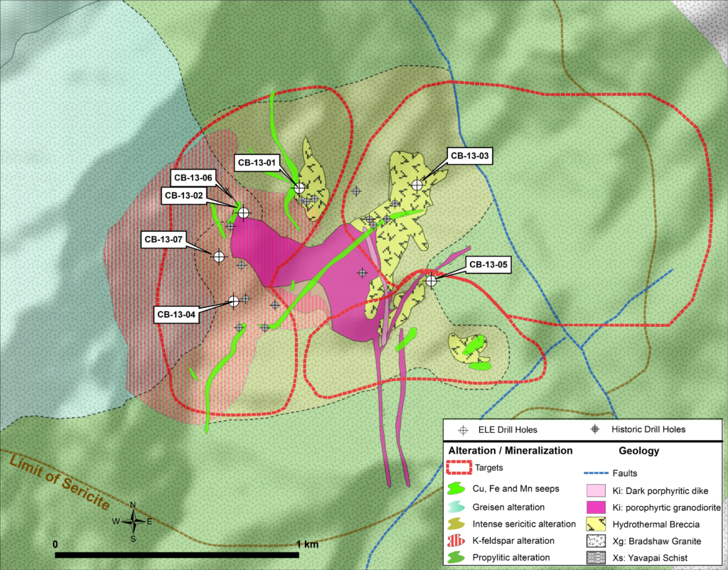 Geological map with mineral occurrences, drill holes, and target areas.