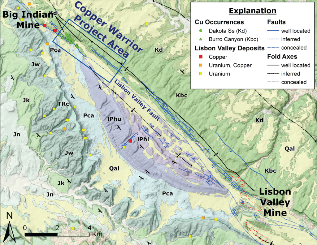 Geology map of Copper Warrior with Cu occurrences and nearby deposits