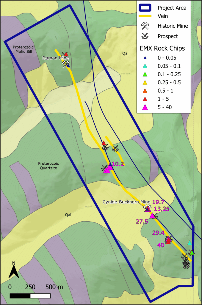 Scout project geology and Au in rock chips.