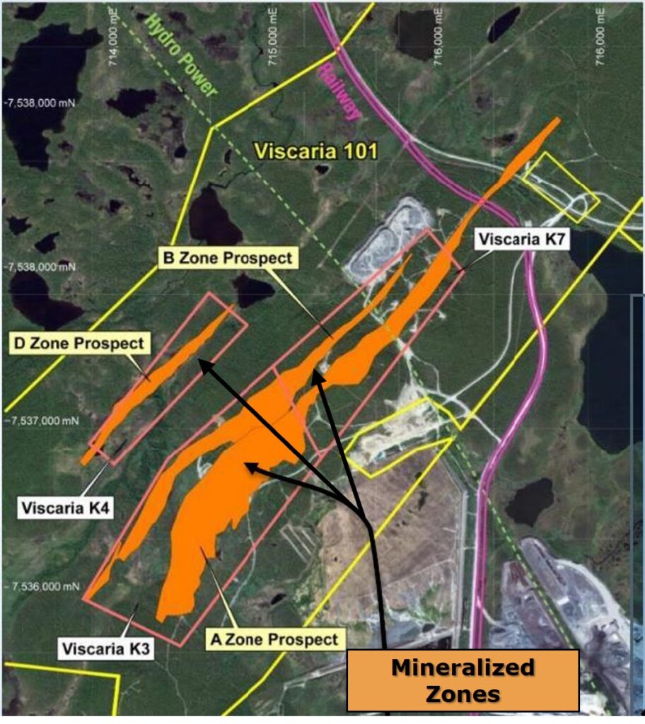 Plan map showing license area and mineralized zones