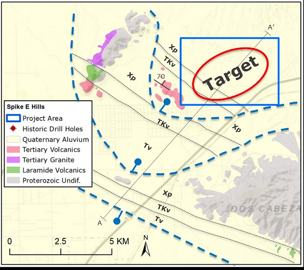 Normal faults and stratigraphic contacts projected under cover. Based on historic drill hole information.